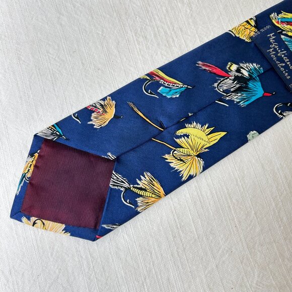 Magnificent Mouchoirs Fly Fishing Neck Tie Blue 100% Silk - Picture 4 of 6